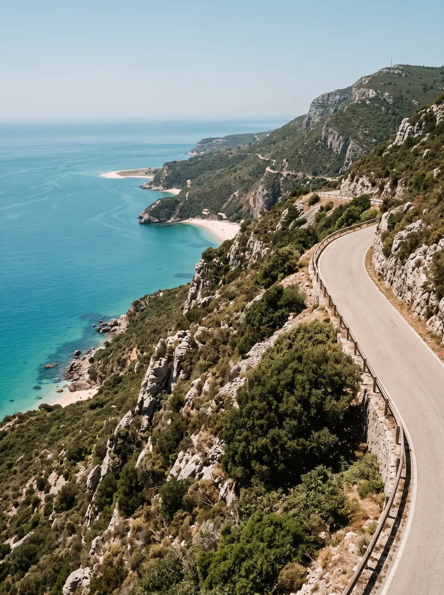 A road with a guardrail running along a steep green hillside above a turquoise bay and a small beach