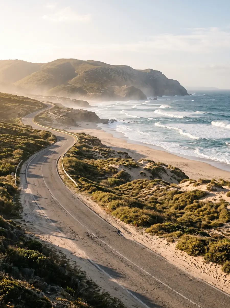 A coast road winding past grassy dunes and a wide beach, with waves rolling in below a headland in warm light