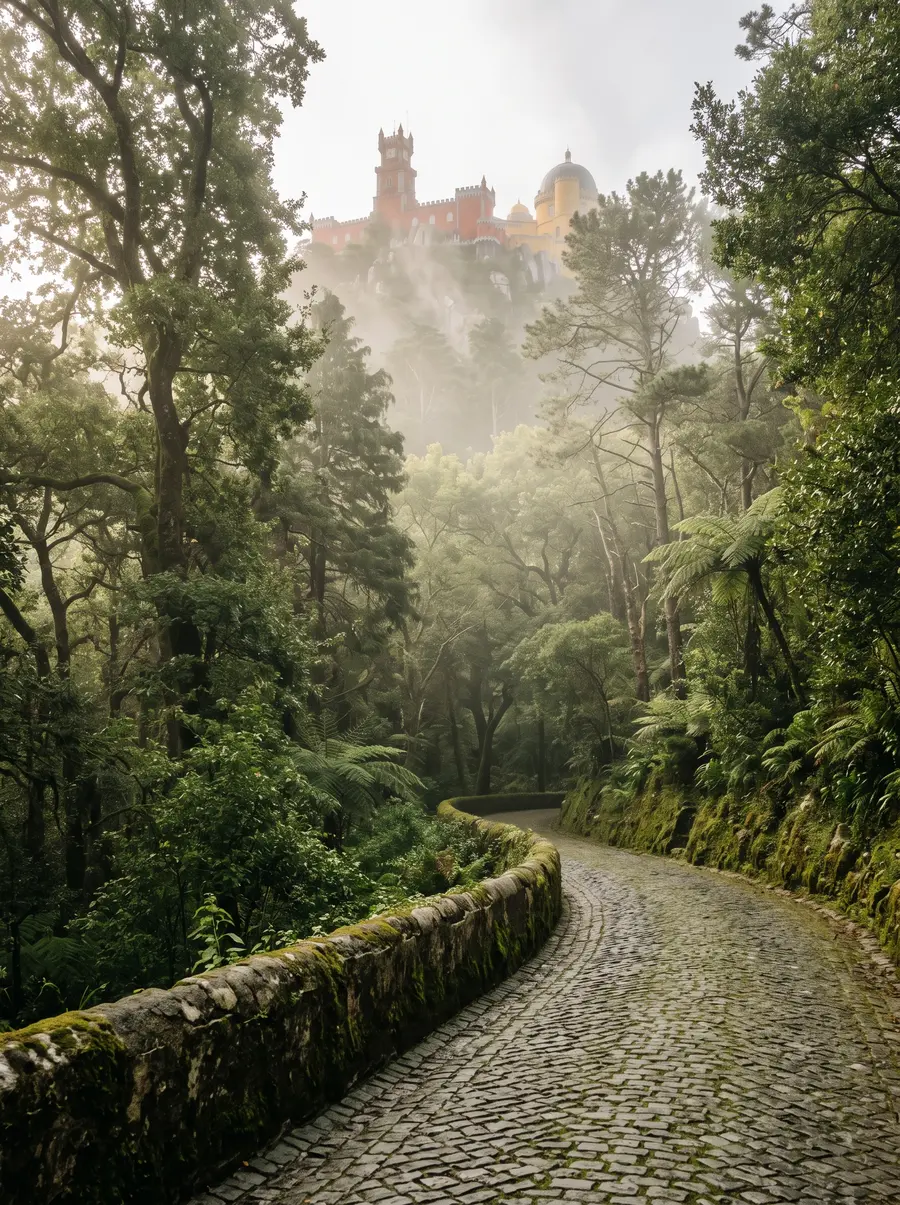 A cobbled road curving beside a moss-covered stone wall through misty forest, with a red and yellow palace on a hill in the distance